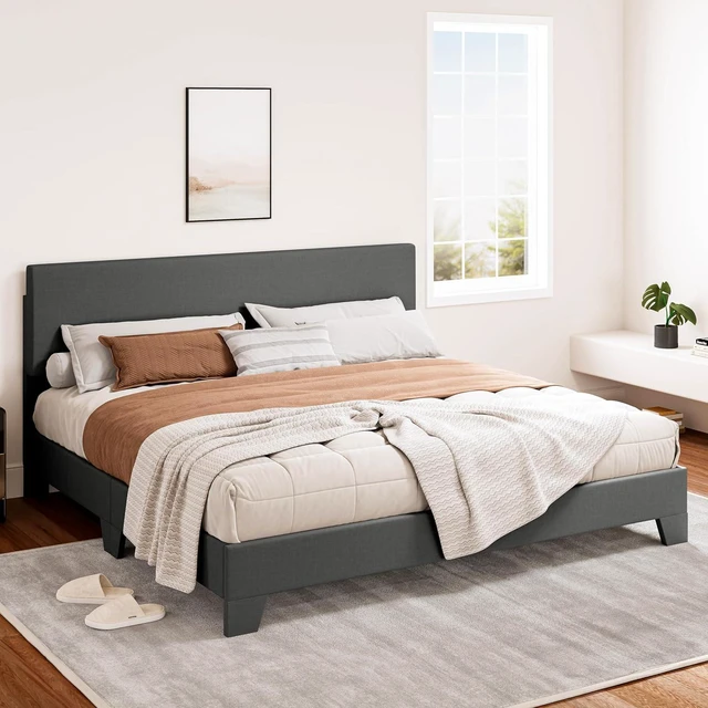 Alt view image 3 of 7 - Linen Upholstered King Size Bed Frame with Headboard, Dark Gray | Adjustable Low-Profile Platform Bed, Minimalist Design, Stable Mattress Foundation, Strong Back-Support, No Box Spring Needed