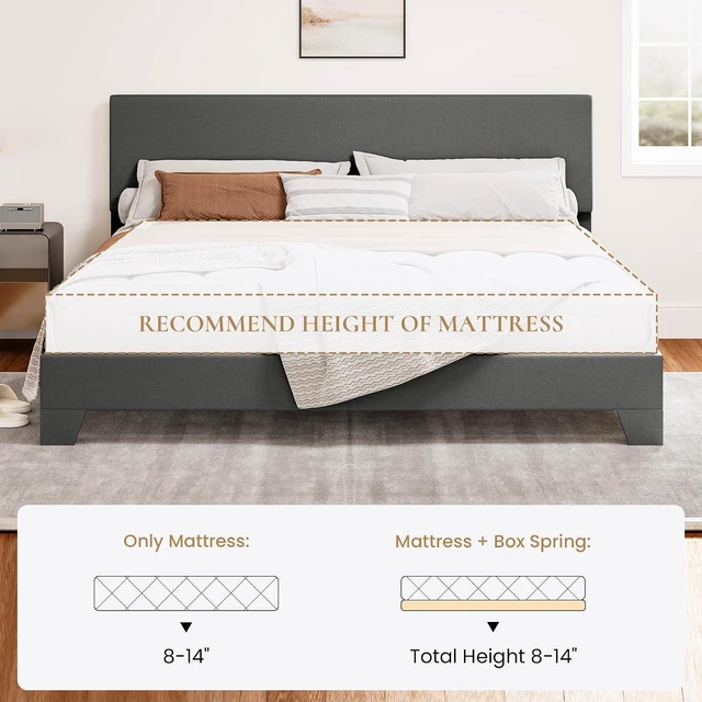 Alt view image 6 of 7 - Linen Upholstered King Size Bed Frame with Headboard, Dark Gray | Adjustable Low-Profile Platform Bed, Minimalist Design, Stable Mattress Foundation, Strong Back-Support, No Box Spring Needed