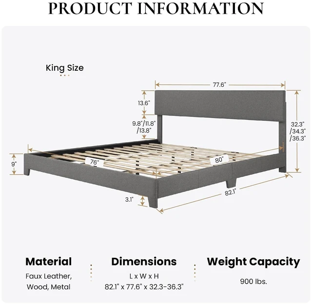 Alt view image 7 of 7 - Linen Upholstered King Size Bed Frame with Headboard, Dark Gray | Adjustable Low-Profile Platform Bed, Minimalist Design, Stable Mattress Foundation, Strong Back-Support, No Box Spring Needed