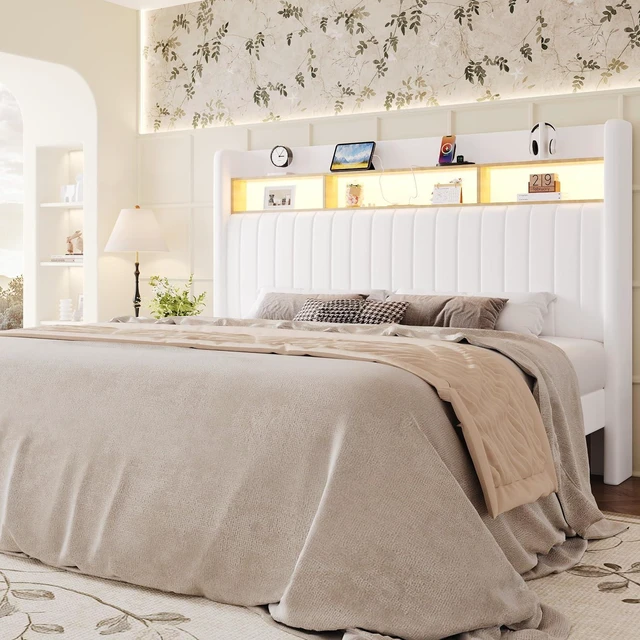 Main image of King Size Platform Bed Frame / 2-Tier Storage Shelf/Velvet Wingback Upholstered Headboard/LED Lights and Charging Station/No Box Spring Needed/Noise-Free/Easy Assembly/White