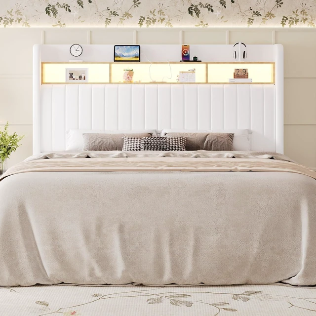 Alt view image 3 of 7 - King Size Platform Bed Frame / 2-Tier Storage Shelf/Velvet Wingback Upholstered Headboard/LED Lights and Charging Station/No Box Spring Needed/Noise-Free/Easy Assembly/White