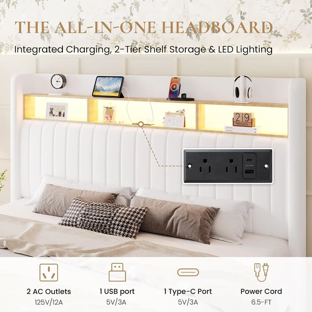 Alt view image 4 of 7 - King Size Platform Bed Frame / 2-Tier Storage Shelf/Velvet Wingback Upholstered Headboard/LED Lights and Charging Station/No Box Spring Needed/Noise-Free/Easy Assembly/White