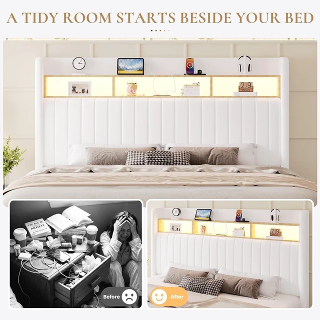 Alt view image 5 of 7 - King Size Platform Bed Frame / 2-Tier Storage Shelf/Velvet Wingback Upholstered Headboard/LED Lights and Charging Station/No Box Spring Needed/Noise-Free/Easy Assembly/White