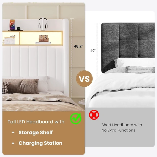 Alt view image 7 of 7 - King Size Platform Bed Frame / 2-Tier Storage Shelf/Velvet Wingback Upholstered Headboard/LED Lights and Charging Station/No Box Spring Needed/Noise-Free/Easy Assembly/White