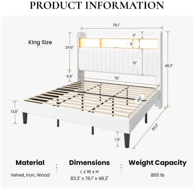 Alt view image 2 of 7 - King Size Platform Bed Frame / 2-Tier Storage Shelf/Velvet Wingback Upholstered Headboard/LED Lights and Charging Station/No Box Spring Needed/Noise-Free/Easy Assembly/White