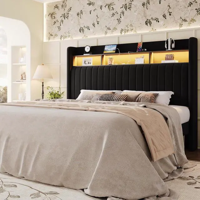 Main image of Queen Size Platform Bed Frame / 2-Tier Storage Shelf/Velvet Wingback Upholstered Headboard/LED Lights and Charging Station/No Box Spring Needed/Noise-Free/Easy Assembly/Black