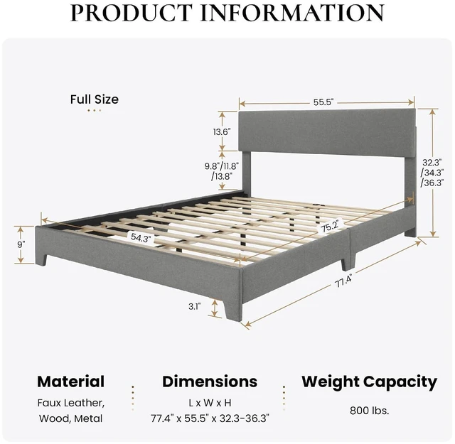 Alt view image 7 of 7 - Linen Upholstered Full Size Bed Frame with Headboard, Light Gray | Adjustable Low-Profile Platform Bed, Minimalist Design, Stable Mattress Foundation, Strong Back-Support, No Box Spring Needed