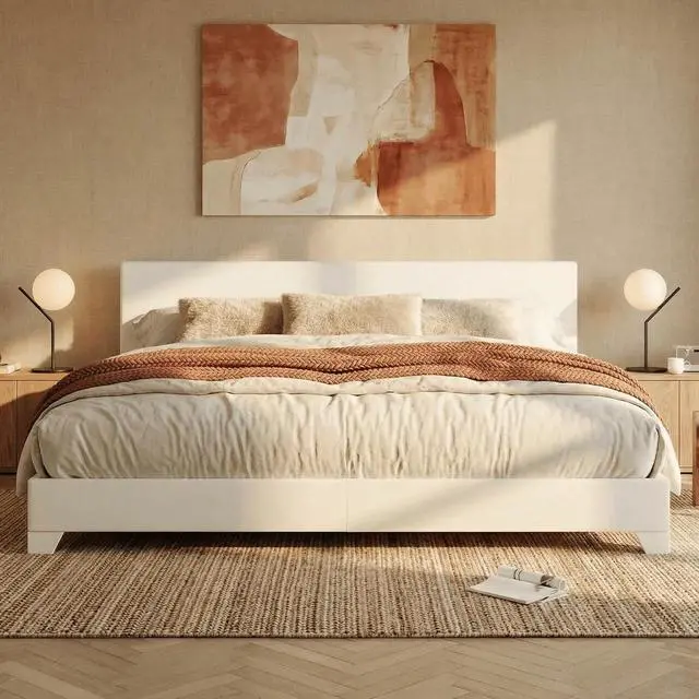 Main image of PU Leather Upholstered King Size Bed Frame with Headboard,White | Adjustable Low-Profile Platform Bed, Minimalist Design, Stable Mattress Foundation, Strong Back-Support, No Box Spring Needed