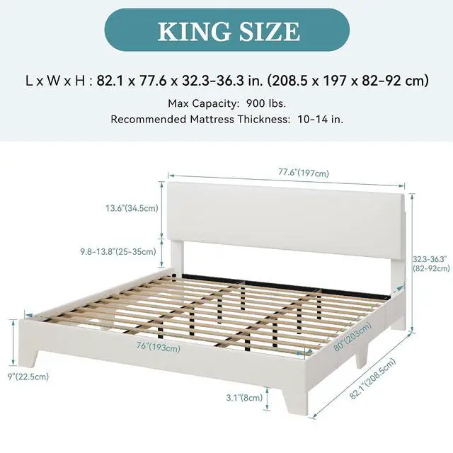 Alt view image 2 of 7 - PU Leather Upholstered King Size Bed Frame with Headboard,White | Adjustable Low-Profile Platform Bed, Minimalist Design, Stable Mattress Foundation, Strong Back-Support, No Box Spring Needed