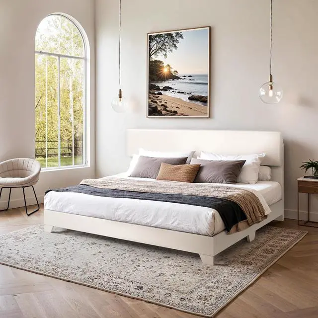 Alt view image 3 of 7 - PU Leather Upholstered King Size Bed Frame with Headboard,White | Adjustable Low-Profile Platform Bed, Minimalist Design, Stable Mattress Foundation, Strong Back-Support, No Box Spring Needed