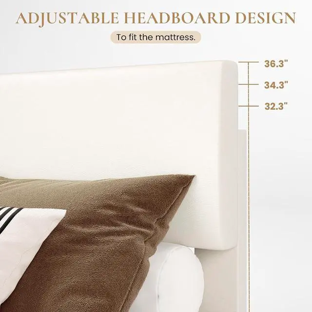 Alt view image 4 of 7 - PU Leather Upholstered King Size Bed Frame with Headboard,White | Adjustable Low-Profile Platform Bed, Minimalist Design, Stable Mattress Foundation, Strong Back-Support, No Box Spring Needed