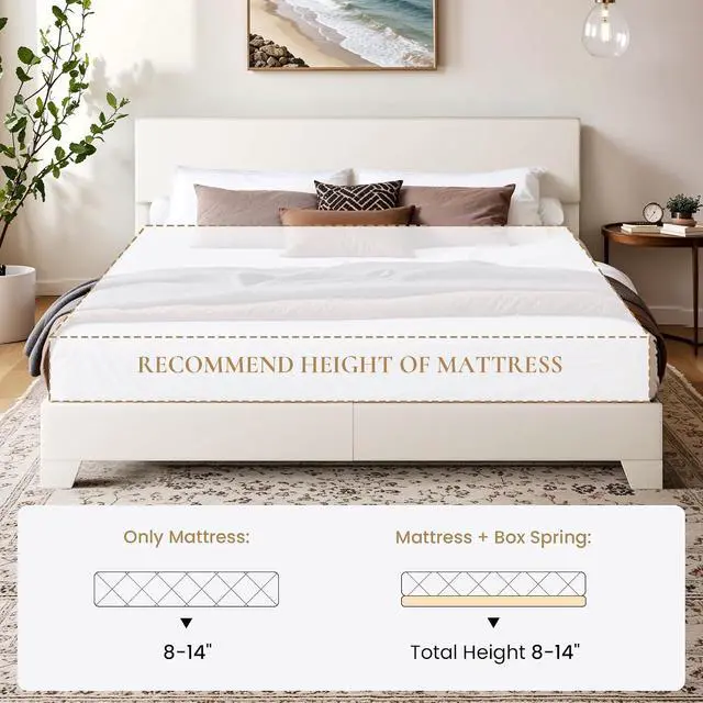 Alt view image 7 of 7 - PU Leather Upholstered King Size Bed Frame with Headboard,White | Adjustable Low-Profile Platform Bed, Minimalist Design, Stable Mattress Foundation, Strong Back-Support, No Box Spring Needed