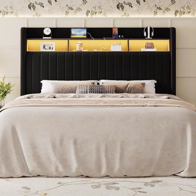 Alt view image 3 of 7 - Queen Size Platform Bed Frame / 2-Tier Storage Shelf/Velvet Wingback Upholstered Headboard/LED Lights and Charging Station/No Box Spring Needed/Noise-Free/Easy Assembly/Black