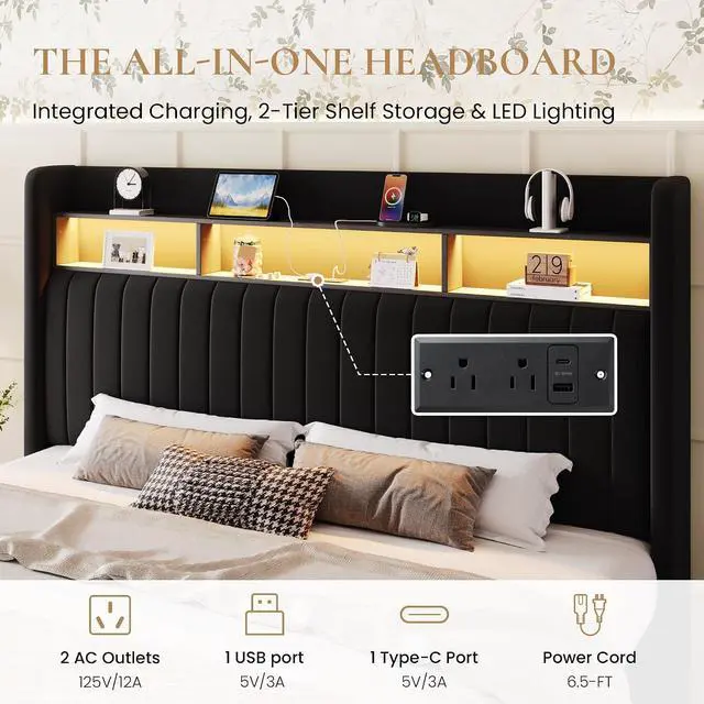 Alt view image 4 of 7 - Queen Size Platform Bed Frame / 2-Tier Storage Shelf/Velvet Wingback Upholstered Headboard/LED Lights and Charging Station/No Box Spring Needed/Noise-Free/Easy Assembly/Black