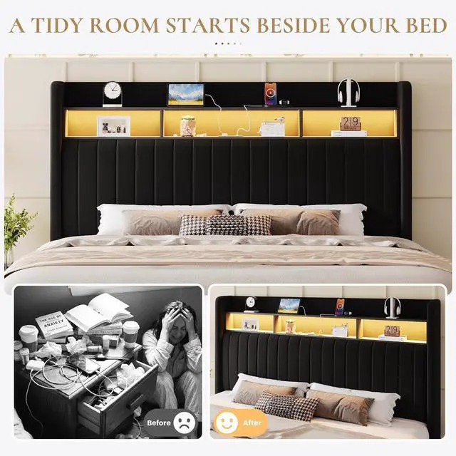 Alt view image 5 of 7 - Queen Size Platform Bed Frame / 2-Tier Storage Shelf/Velvet Wingback Upholstered Headboard/LED Lights and Charging Station/No Box Spring Needed/Noise-Free/Easy Assembly/Black