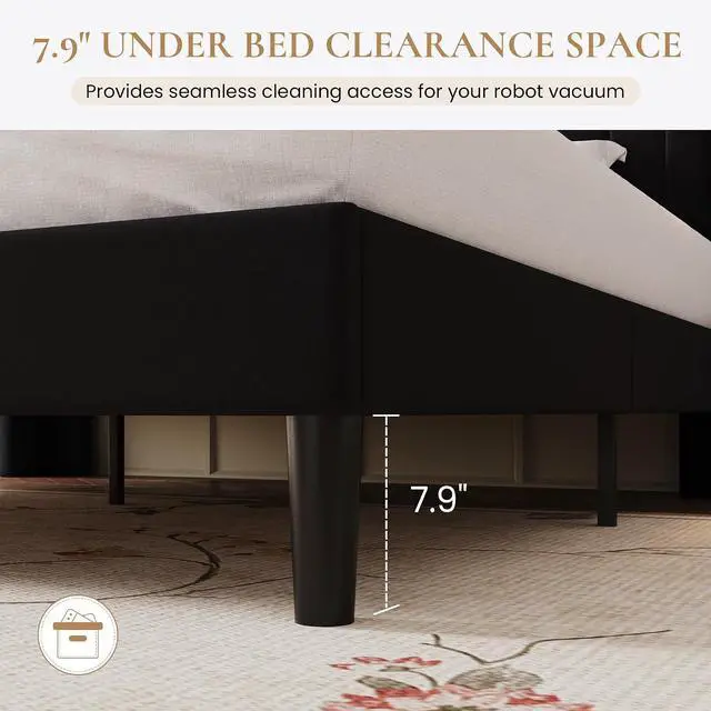 Alt view image 6 of 7 - Queen Size Platform Bed Frame / 2-Tier Storage Shelf/Velvet Wingback Upholstered Headboard/LED Lights and Charging Station/No Box Spring Needed/Noise-Free/Easy Assembly/Black
