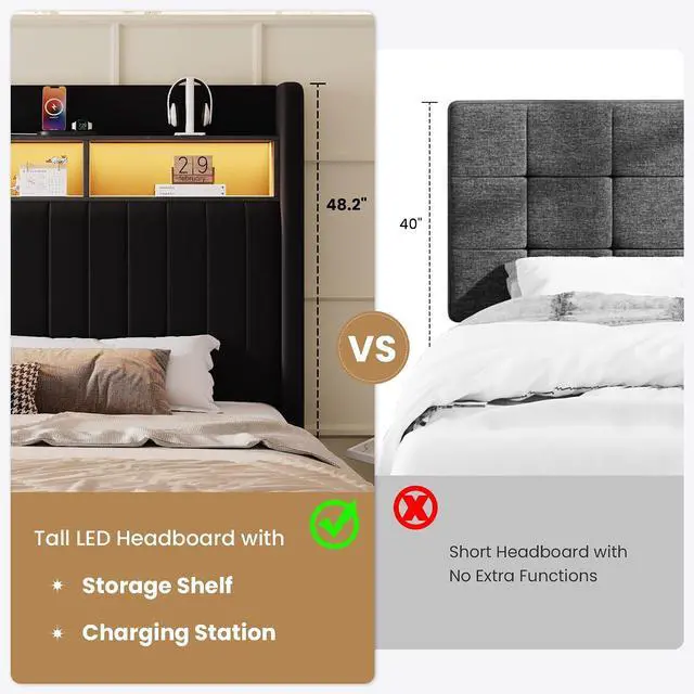 Alt view image 7 of 7 - Queen Size Platform Bed Frame / 2-Tier Storage Shelf/Velvet Wingback Upholstered Headboard/LED Lights and Charging Station/No Box Spring Needed/Noise-Free/Easy Assembly/Black