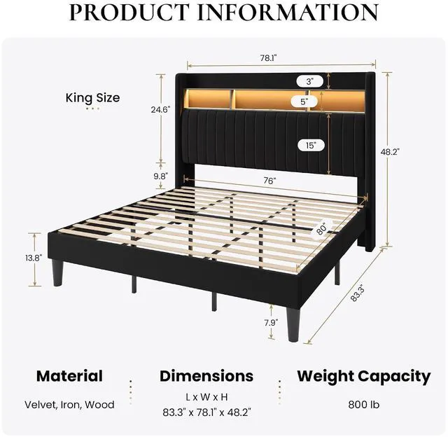 Alt view image 2 of 7 - King Size Platform Bed Frame / 2-Tier Storage Shelf/Velvet Wingback Upholstered Headboard/LED Lights and Charging Station/No Box Spring Needed/Noise-Free/Easy Assembly/Black