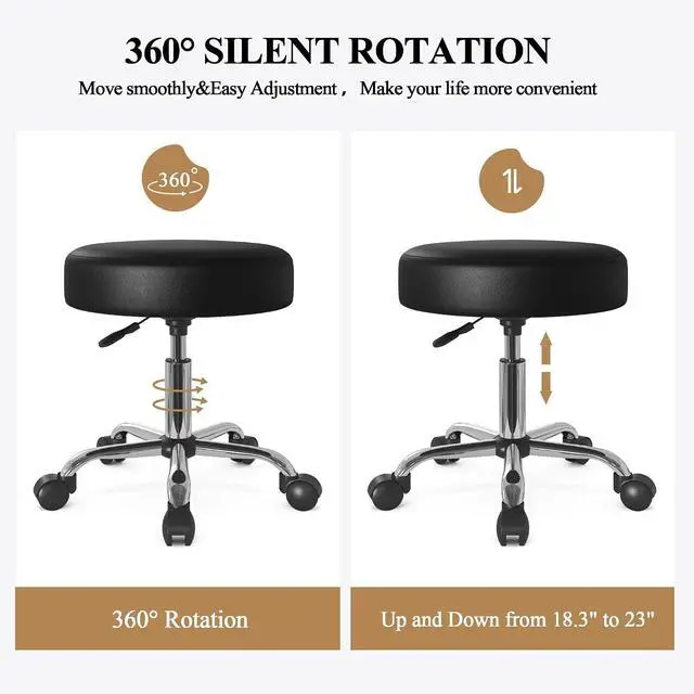 Alt view image 3 of 6 - Rolling Stool with Wheels Swivel Shop Salon Chair Adjustable Drafting Massage Medical Tattoo Spa with PU Leather Cushioned,Black and Silver