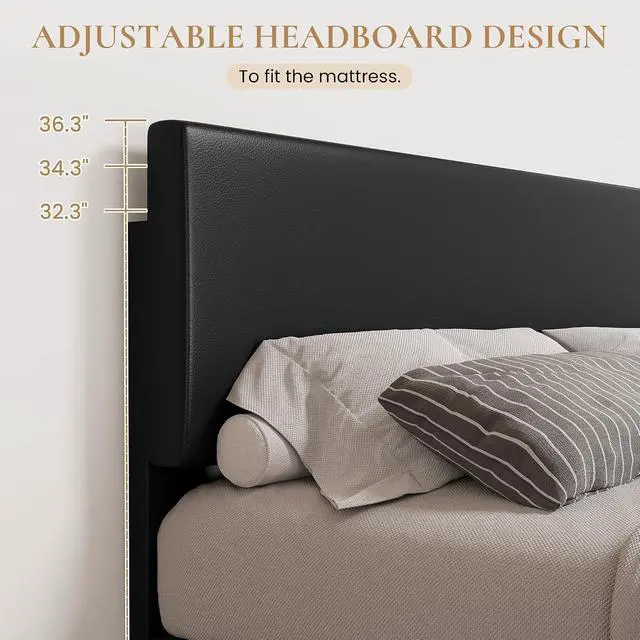 Alt view image 2 of 7 - PU Leather Upholstered Queen Size Bed Frame with Headboard,Black | Adjustable Low-Profile Platform Bed, Minimalist Design, Stable Mattress Foundation, Strong Back-Support, No Box Spring Needed