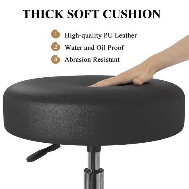 Alt view image 4 of 6 - Rolling Stool with Wheels Swivel Shop Salon Chair Adjustable Drafting Massage Medical Tattoo Spa with PU Leather Cushioned,Black and Silver