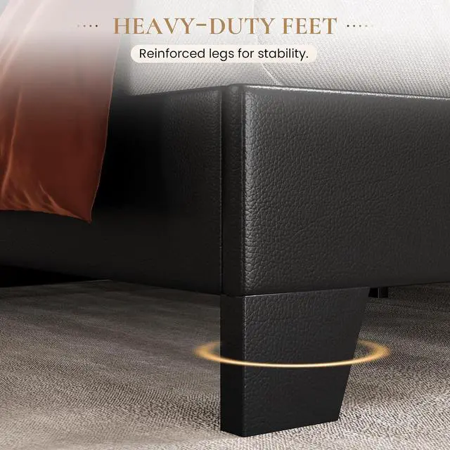 Alt view image 5 of 7 - PU Leather Upholstered Queen Size Bed Frame with Headboard,Black | Adjustable Low-Profile Platform Bed, Minimalist Design, Stable Mattress Foundation, Strong Back-Support, No Box Spring Needed