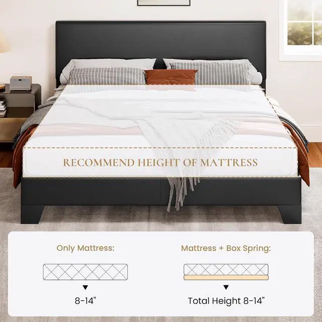 Alt view image 6 of 7 - PU Leather Upholstered Queen Size Bed Frame with Headboard,Black | Adjustable Low-Profile Platform Bed, Minimalist Design, Stable Mattress Foundation, Strong Back-Support, No Box Spring Needed