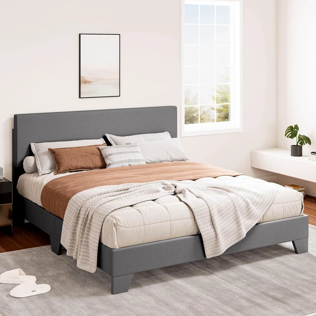 Alt view image 3 of 7 - Linen Upholstered Full Size Bed Frame with Headboard, Light Gray | Adjustable Low-Profile Platform Bed, Minimalist Design, Stable Mattress Foundation, Strong Back-Support, No Box Spring Needed