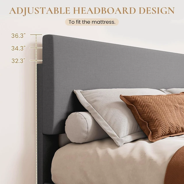 Alt view image 2 of 7 - Linen Upholstered King Size Bed Frame with Headboard, Light Gray | Adjustable Low-Profile Platform Bed, Minimalist Design, Stable Mattress Foundation, Strong Back-Support, No Box Spring Needed