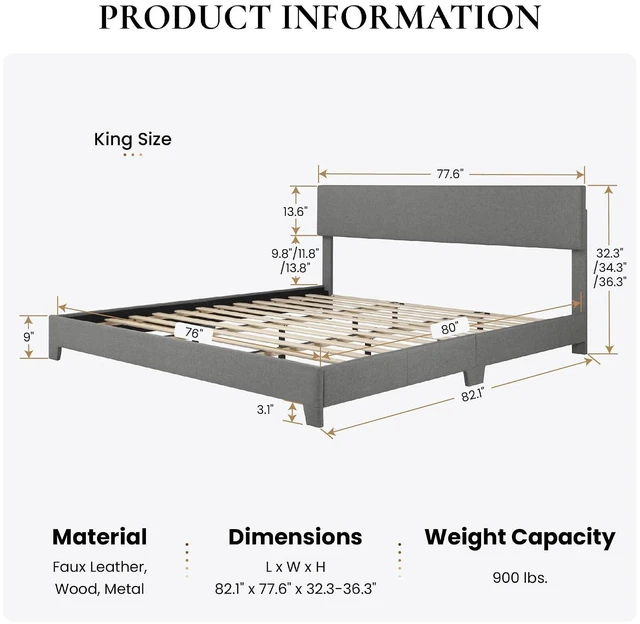 Alt view image 6 of 7 - Linen Upholstered King Size Bed Frame with Headboard, Light Gray | Adjustable Low-Profile Platform Bed, Minimalist Design, Stable Mattress Foundation, Strong Back-Support, No Box Spring Needed