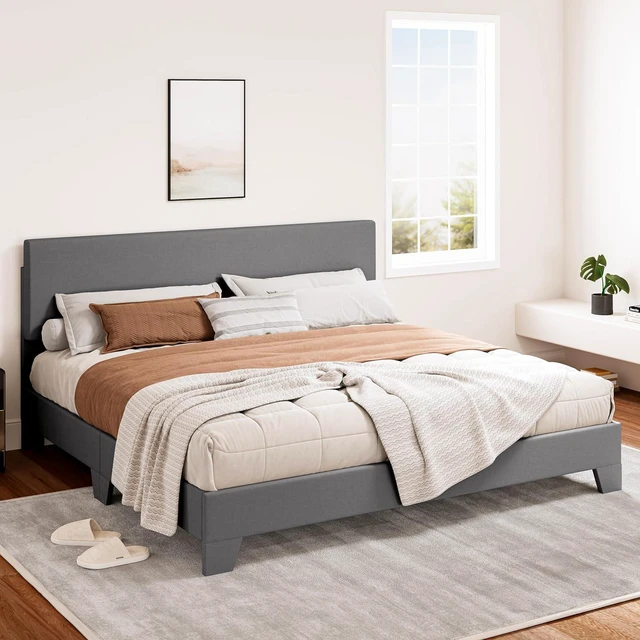 Alt view image 3 of 7 - Linen Upholstered King Size Bed Frame with Headboard, Light Gray | Adjustable Low-Profile Platform Bed, Minimalist Design, Stable Mattress Foundation, Strong Back-Support, No Box Spring Needed