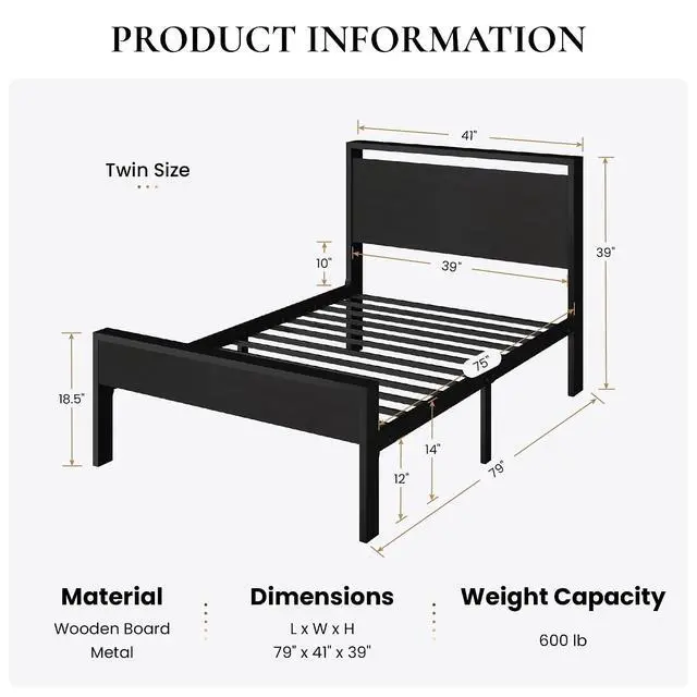 Alt view image 2 of 7 - 14 Inch Twin Size Metal Platform Bed Frame with Wooden Headboard and Footboard, Mattress Foundation, No Box Spring Needed, Large Under Bed Storage, Heavy Duty Slats Support, Black Oak