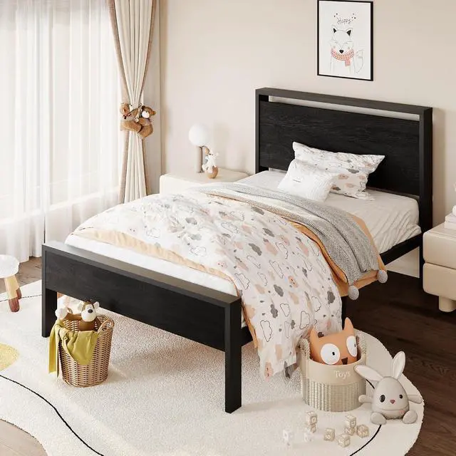 Alt view image 3 of 7 - 14 Inch Twin Size Metal Platform Bed Frame with Wooden Headboard and Footboard, Mattress Foundation, No Box Spring Needed, Large Under Bed Storage, Heavy Duty Slats Support, Black Oak
