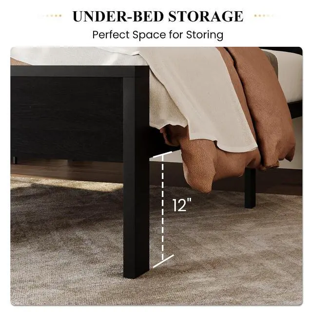 Alt view image 4 of 7 - 14 Inch Twin Size Metal Platform Bed Frame with Wooden Headboard and Footboard, Mattress Foundation, No Box Spring Needed, Large Under Bed Storage, Heavy Duty Slats Support, Black Oak