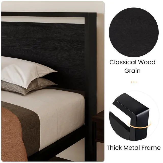 Alt view image 5 of 7 - 14 Inch Twin Size Metal Platform Bed Frame with Wooden Headboard and Footboard, Mattress Foundation, No Box Spring Needed, Large Under Bed Storage, Heavy Duty Slats Support, Black Oak