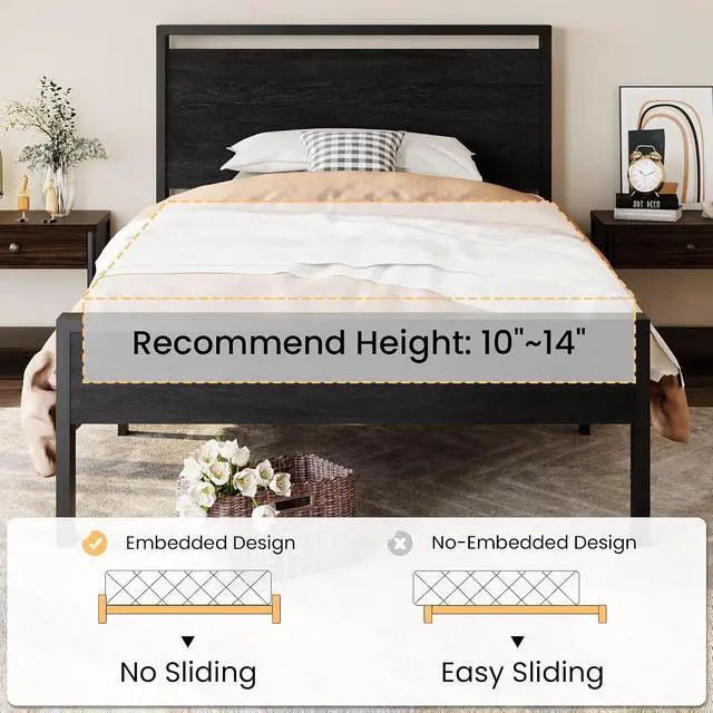Alt view image 7 of 7 - 14 Inch Twin Size Metal Platform Bed Frame with Wooden Headboard and Footboard, Mattress Foundation, No Box Spring Needed, Large Under Bed Storage, Heavy Duty Slats Support, Black Oak