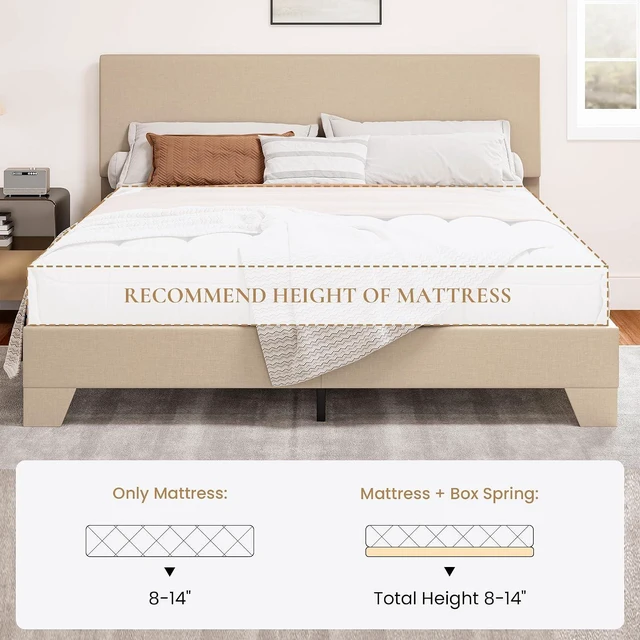 Alt view image 6 of 7 - Linen Upholstered Full Size Bed Frame with Headboard, Beige | Adjustable Low-Profile Platform Bed, Minimalist Design, Stable Mattress Foundation, Strong Back-Support, No Box Spring Needed