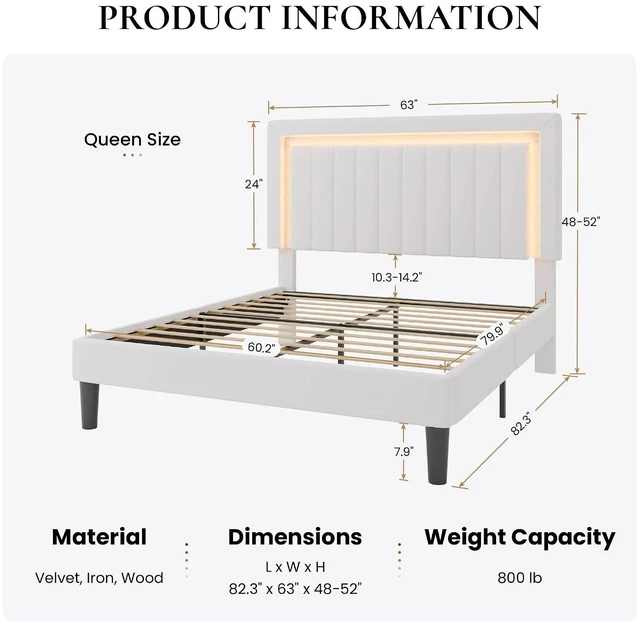 Alt view image 2 of 7 - Queen Size Velvet Bed Frame with LED Light, Adjustable Vertical Channel Tufted Headboard, Strong Wooden Slats Support, Noise-Free, No Box Spring Needed, White