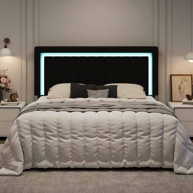 Main image of King Size Velvet Bed Frame with LED Light, Adjustable Vertical Channel Tufted Headboard, Strong Wooden Slats Support, Noise-Free, No Box Spring Needed, Black