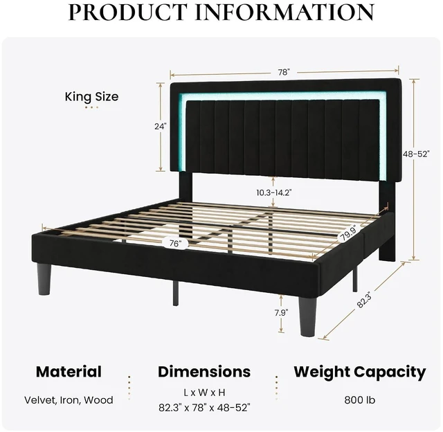 Alt view image 2 of 7 - King Size Velvet Bed Frame with LED Light, Adjustable Vertical Channel Tufted Headboard, Strong Wooden Slats Support, Noise-Free, No Box Spring Needed, Black