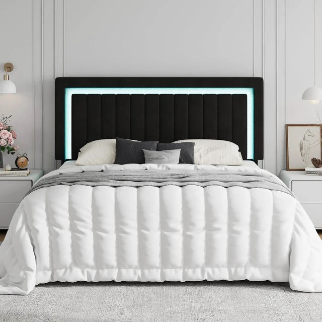Alt view image 3 of 7 - King Size Velvet Bed Frame with LED Light, Adjustable Vertical Channel Tufted Headboard, Strong Wooden Slats Support, Noise-Free, No Box Spring Needed, Black