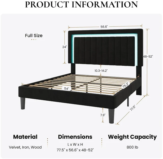 Alt view image 2 of 7 - Full Size Velvet Bed Frame with LED Light, Adjustable Vertical Channel Tufted Headboard, Strong Wooden Slats Support, Noise-Free, No Box Spring Needed, Black