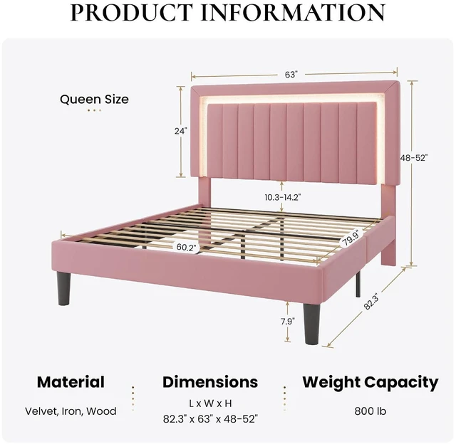 Alt view image 2 of 7 - Queen Size Velvet Bed Frame with LED Light, Adjustable Vertical Channel Tufted Headboard, Strong Wooden Slats Support, Noise-Free, No Box Spring Needed, Pink