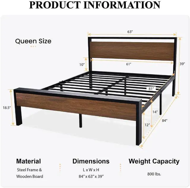 Alt view image 2 of 7 - 14 Inch Queen Size Metal Platform Bed Frame with Wooden Headboard and Footboard, Mattress Foundation, No Box Spring Needed, Large Under Bed Storage, Non-Slip Without Noise, Walnut