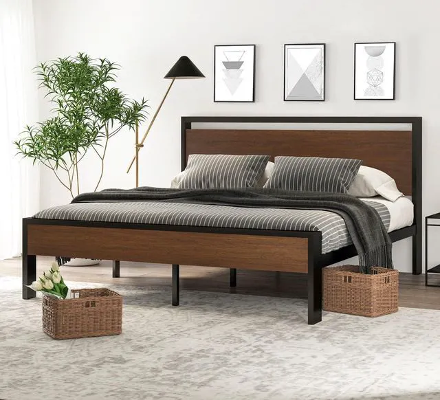 Main image of 14 Inch King Size Metal Platform Bed Frame with Wooden Headboard and Footboard, Mattress Foundation, No Box Spring Needed, Large Under Bed Storage, Walnut
