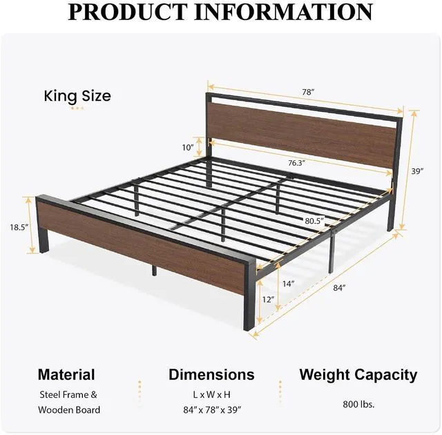 Alt view image 2 of 7 - 14 Inch King Size Metal Platform Bed Frame with Wooden Headboard and Footboard, Mattress Foundation, No Box Spring Needed, Large Under Bed Storage, Walnut