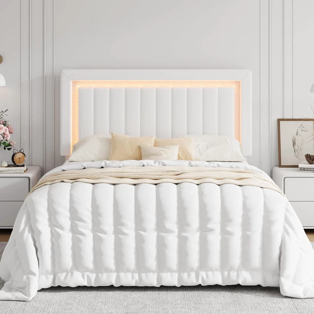 Alt view image 3 of 7 - Queen Size Velvet Bed Frame with LED Light, Adjustable Vertical Channel Tufted Headboard, Strong Wooden Slats Support, Noise-Free, No Box Spring Needed, White