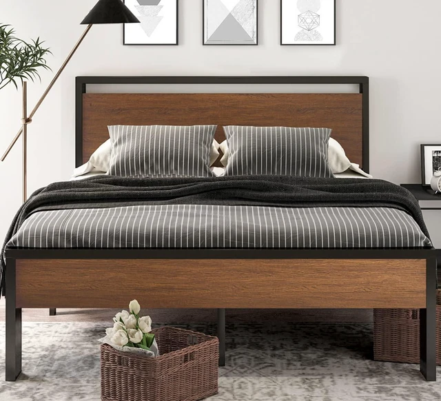 Alt view image 3 of 7 - 14 Inch Queen Size Metal Platform Bed Frame with Wooden Headboard and Footboard, Mattress Foundation, No Box Spring Needed, Large Under Bed Storage, Non-Slip Without Noise, Walnut