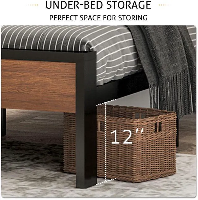 Alt view image 4 of 7 - 14 Inch Queen Size Metal Platform Bed Frame with Wooden Headboard and Footboard, Mattress Foundation, No Box Spring Needed, Large Under Bed Storage, Non-Slip Without Noise, Walnut