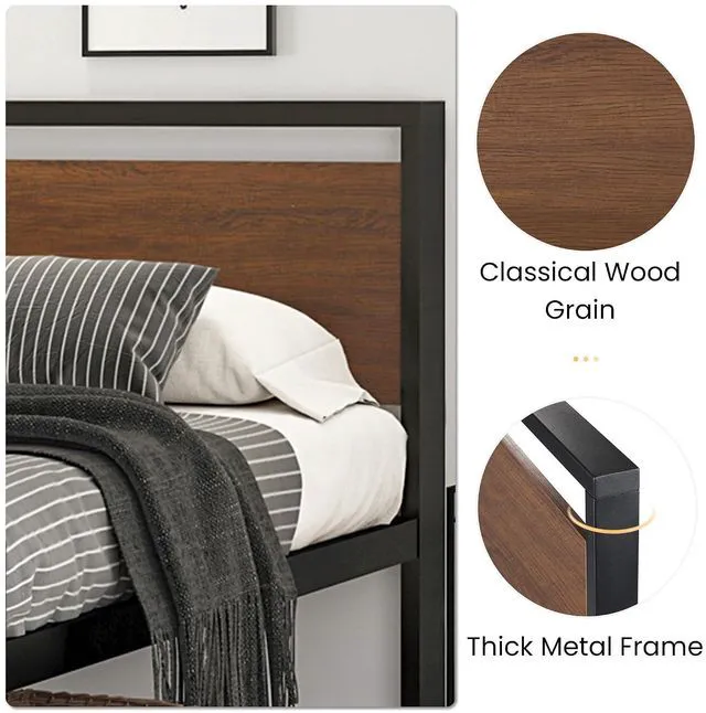 Alt view image 5 of 7 - 14 Inch Queen Size Metal Platform Bed Frame with Wooden Headboard and Footboard, Mattress Foundation, No Box Spring Needed, Large Under Bed Storage, Non-Slip Without Noise, Walnut